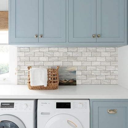 STICKGOO 20-Sheet Subway Tile Peel and Stick Backsplash - Beige Stone Texture With Grey Grout for Kitchen, Bathroom, RV, Fireplace - PVC Wall Tiles
