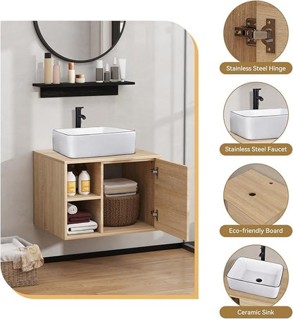 YOURLITE Cabinet Vanity, 24' White Ceramic Sink, Wall-Mounted, Floating Bathroom Cabinet with Mirror, Shelves & Faucet, 23.6x18.9x17(LxWxH)in