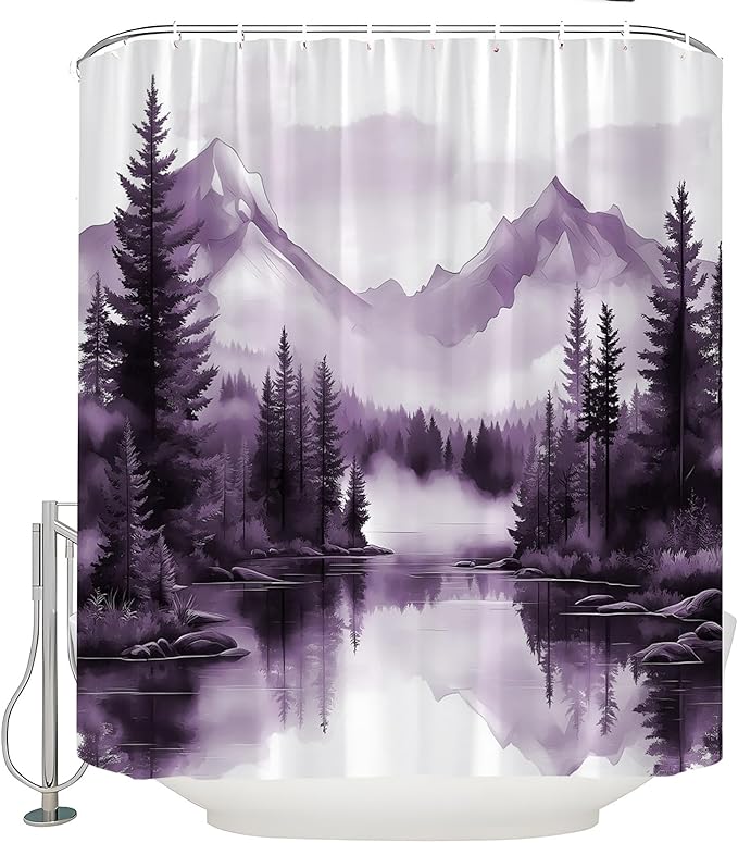 Purple Misty Forest Shower Curtain Mountain Foggy Pine Trees Landscape Watercolor Jungle Plant Rustic Nature Scenery Lake Fabric Bathroom Curtain Set with Hook