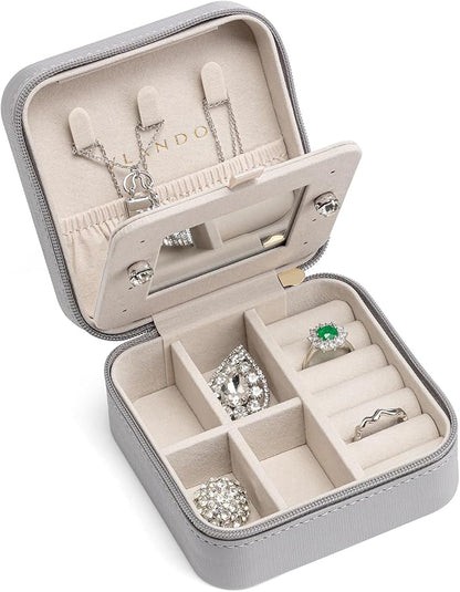 VLANDO Small Travel Jewelry Box Organizer - Display Case for Girls Women Gift Rings Earrings Necklaces Storage with Mirror Grey | Necklace Hook for Anti-tangle, Removable Dividers, Waterproof PU Leather,Portable Storage for Rings, Necklace Gifts for Women