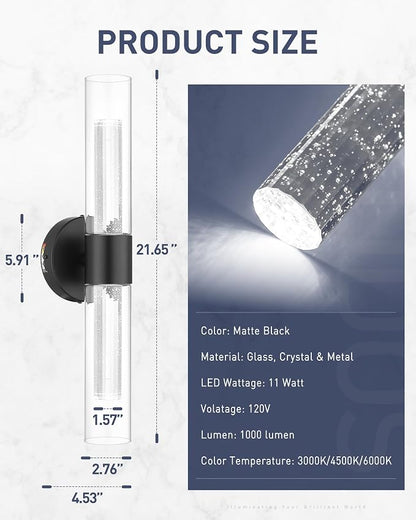 kudos Black LED Vanity Light, Crystal Bubble and Clear Glass, KDVL05-BK-2 | 11W, 1000 Lumens,3000K, 4500K and 6000K Selectable, Hardwired, for Bathroom, Bedroom and Over Mirror