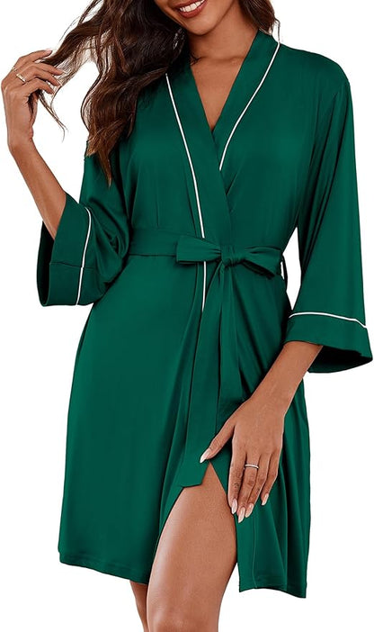 Ekouaer Women Kimono Robes Knee Length Knit Bathrobe Lightweight Soft Sleepwear V-neck Casual Ladies Loungewear