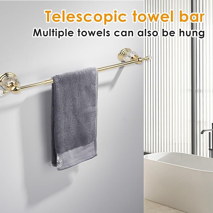 Wall Mounted Polished Gold Towel Bar,Crystal Towel Holder Adjustable Towel Rack Expandable Rail Bathroom Accessories