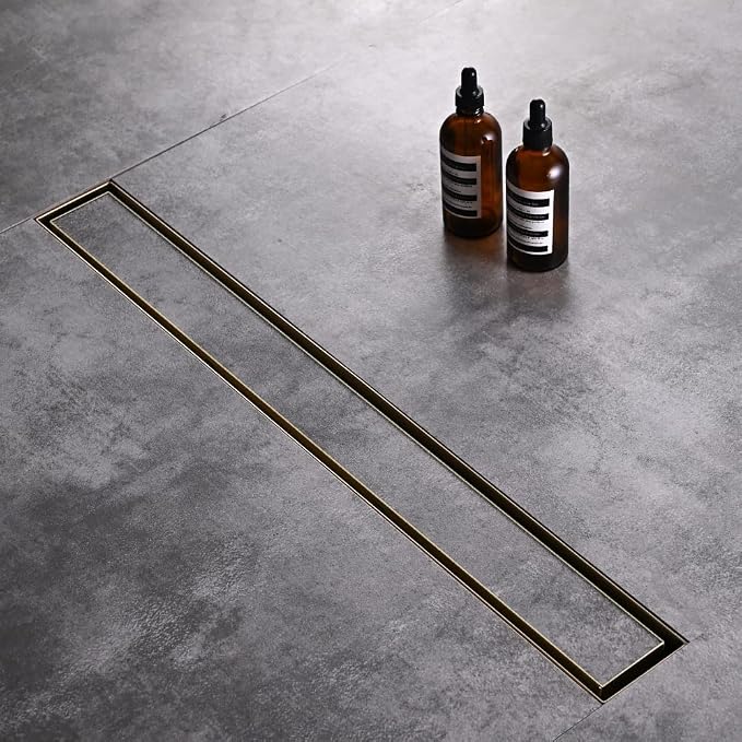 Linear Shower Floor Drain, Brushed Gold 60 Inch 304 Stainless Steel Bathroom Drains Kit, Rectangular Shower Trench Drain with Reversable Tile-in Pattern Drain Cover & Hair Catcher