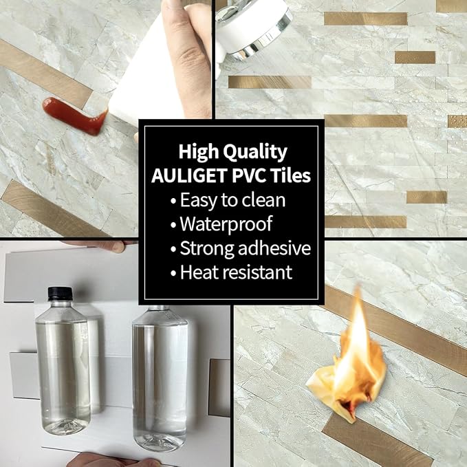 AULIGET 20 Sheets Faux Stone Peel and Stick Backsplash, Light Brown Marble Look PVC Wall Tiles Stick on Backsplash for Kitchen