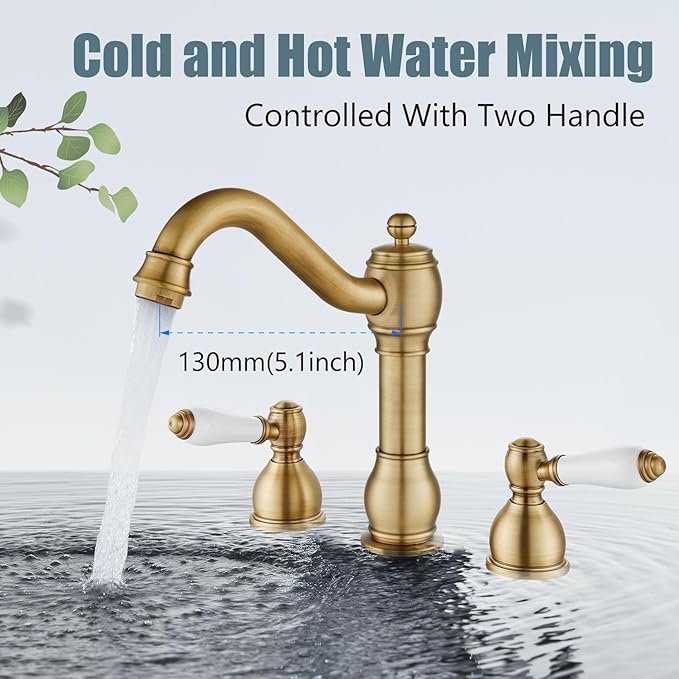 Aolemi 8 Inch Widespread Bathroom Sink Faucet 3 Hole Deck Mount Vanity Basin Mixer Tap with Pop Up Drain Assembly Antique Brass Double Ceramic Handle