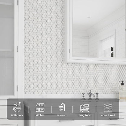 Carrara White Marble Mosaic Tile for Kitchen Bathroom Floor 1 Inch Penny | Water & Heat Resistant Polished Marble Backsplash Tiles for Wall Floor Fireplace Surround Durable Unique Veins 4.8SQFT