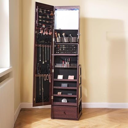 VEVOR 360° Swivel Jewelry Cabinet Armoire, 63-Inch Tall Lockable Jewelry Organizer with Full-Length Mirror, LED Light, Velvet Lining, Drawer, Freestanding, Brown