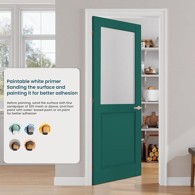 SMARTSTANDARD 30" x 80" Frosted Glass Interior Door Slab, Solid Core | Pre-Assembled French Slab Door for Pantry Laundry Closet Bathroom, without Hardware, White Primed, Paintable Surface