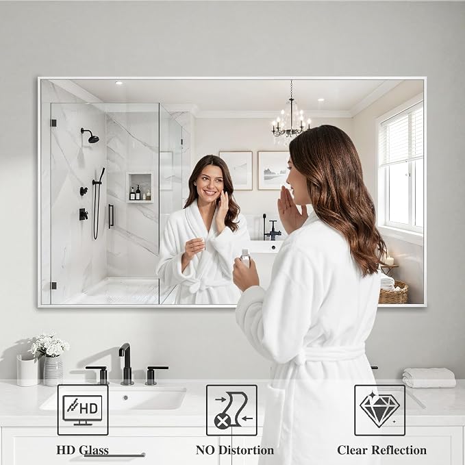 Koonmi White Rectangle Wall Mirror, 30x55 Inch Bathroom Mirror, Aluminum Frame Vanity Mirror for Entryway, Living Room, Bedroom Bathroom, Hangs Horizontally or Vertically