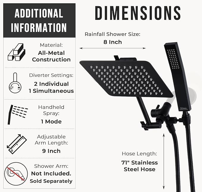 G-Promise All Metal 8" Rain Shower Head with Handheld for Bathroom Upgrade | All Metal, Built to Last, Easy Install, Adjustable Height & Angle for All Heights, Extra Long Hose, Modern Upgrade