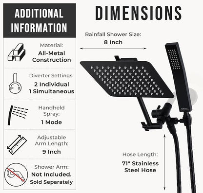 G-Promise All Metal 8" Rain Shower Head with Handheld for Bathroom Upgrade | All Metal, Built to Last, Easy Install, Adjustable Height & Angle for All Heights, Extra Long Hose, Modern Upgrade