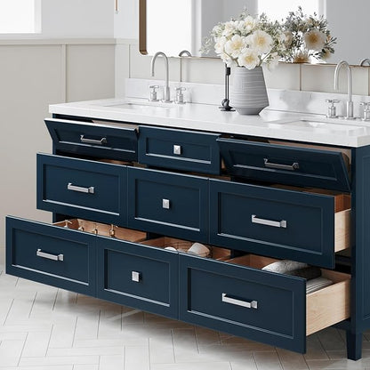 ARIEL Monroe 72-inch Bathroom Vanity with Sink,Solid Wood, 1.5-inch Carrara White Quartz Countertop & Backsplash, Double Oval Porcelain Sink, 9 Dovetail Drawers, Brushed Nickel, Midnight Blue