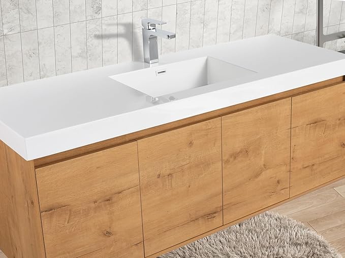 Blossom 60 Inch Bathroom Vanity with Sink, Wall Mounted Floating Bathroom Vanity Cabinet with Acrylic Sink, All Wood Soft Close Doors and Storage, Space Saving Design, Classic Oak Finish