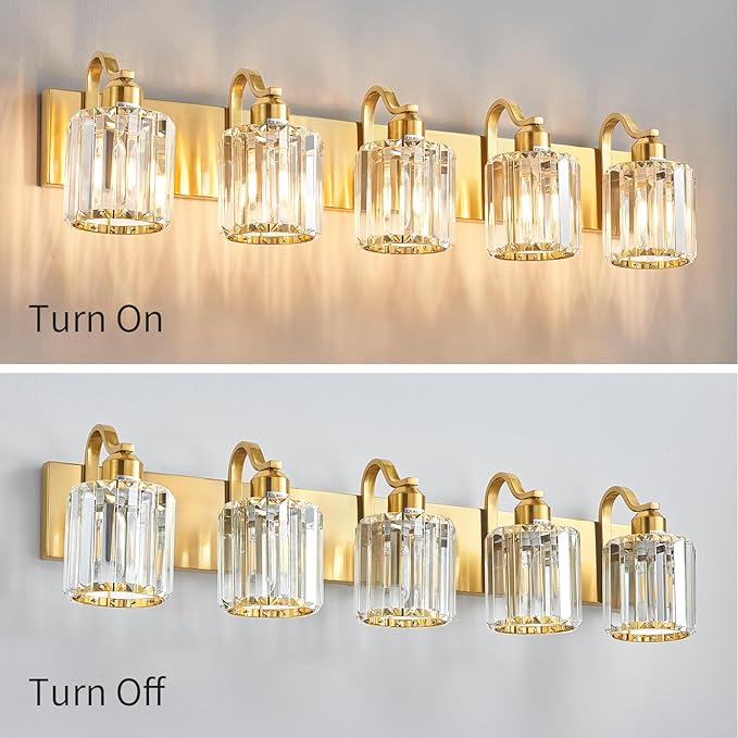 Modern Crystal Bathroom Vanity Light 5 Lights Crooked Gold Vanity Lighting Over Mirror Bathroom Wall Lighting Fixtures with Round Shade (Exclude Bulb)