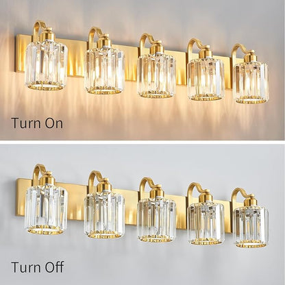 Modern Crystal Bathroom Vanity Light 5 Lights Crooked Gold Vanity Lighting Over Mirror Bathroom Wall Lighting Fixtures with Round Shade (Exclude Bulb)