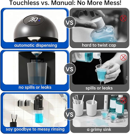 Upgraded Automatic Mouthwash Dispenser with 4 Dispensing Levels for Bathroom-GIMUBABA Smart Mouth Wash Dispenser Sets with 28.3 FL Oz Container,2 Cups & Wall Mount Accessories for Kids & Family(black)