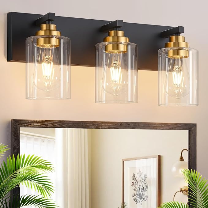 Vanity Lights for Bathroom, 3-Light Black and Gold Bathroom Vanity Light Over Mirror with Clear Glass Shades, Modern Bathroom Light Fixtures for Living Room Hallway Cabinet (Bulbs Not Included)