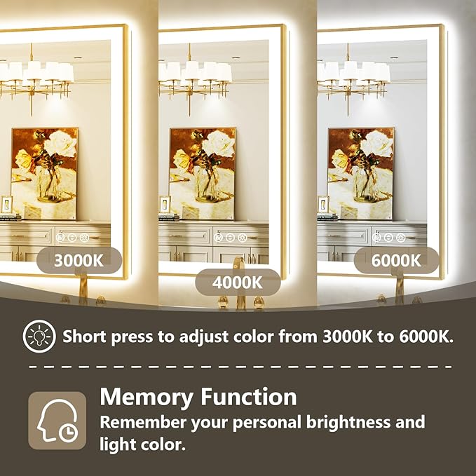 48x40 Inch LED Bathroom Mirror with Lights (Front Lit and Backlit) Gold Framed Lighted Vanity Mirror for Bathroom Wall Dimmable Anti-Fog Memory Tempered Glass Horizontal/Vertical