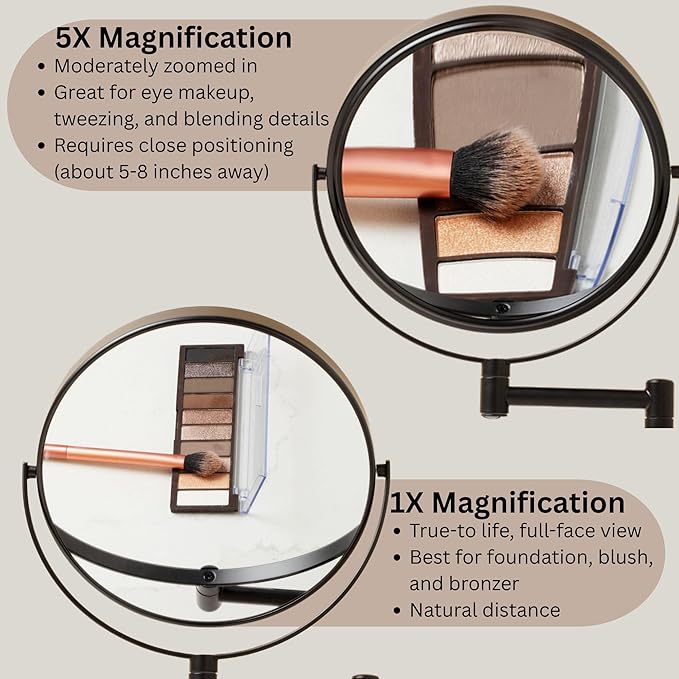JERDON Wall-Mounted Magnifying Mirror - Bathroom Makeup Mirror with 5X Magnification - 8-Inch Diameter - Black - Model JP7506BK