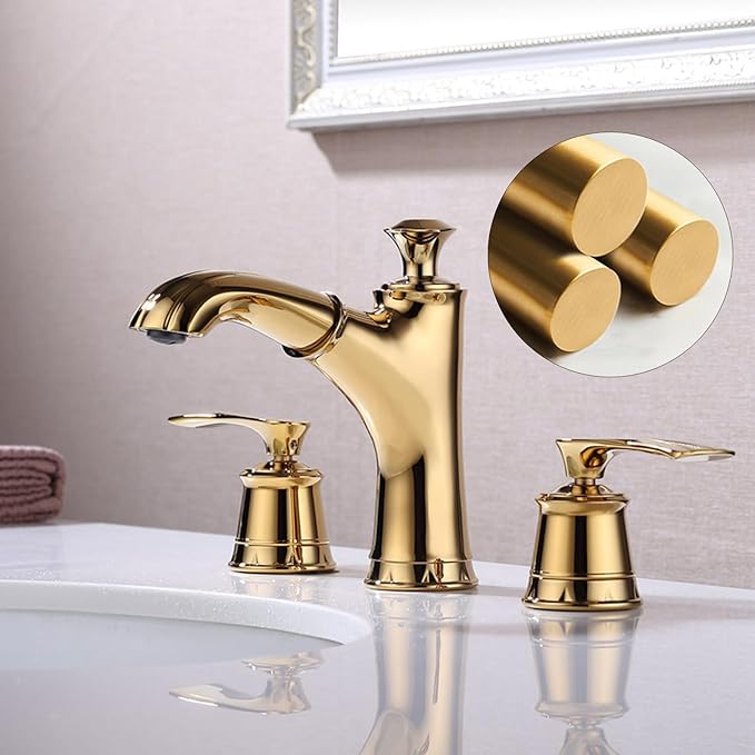 BiaoTeng Bathroom Faucets for Sink 3 Hole Pull Out Hot and Cold Double Handle Three Hole Bathroom Faucet with Pullout Spray Brass Gold