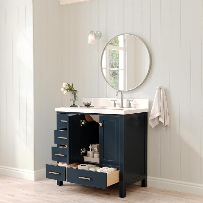 ARIEL Cambridge 36-inch Bathroom Vanity with Sink,Solid Wood, 1.5-inch Pure White Quartz Countertop, Single Rectangular Porcelain Sink, 2 Soft Closing Doors, 5 Dovetail Drawers, Midnight Blue