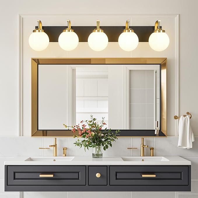 5-Light Bathroom Vanity Light Fixtures Sand Black Gold Vanity Lights Over Mirror Modern Wall Sconce with Milk White Glass Globe Lampshade for Lving Room Dining Room Corridor Powder Room