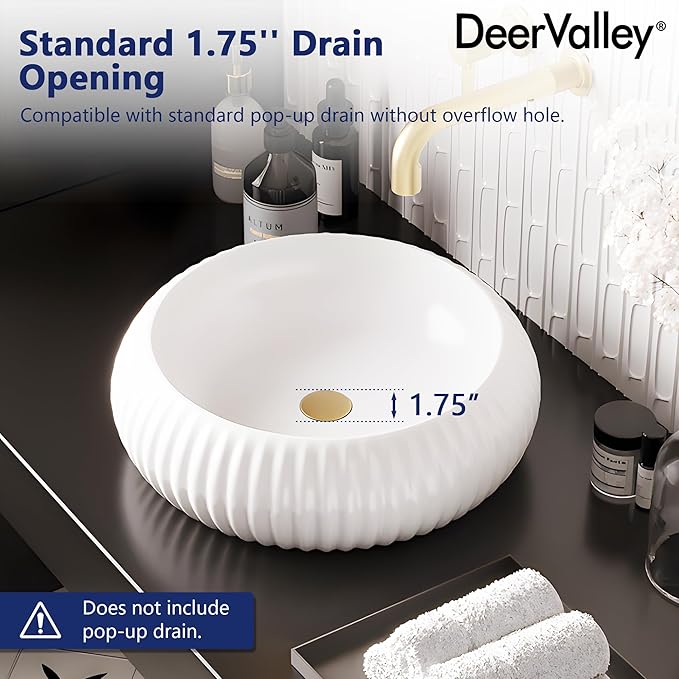 DeerValley 15.7 Inch White Round Ceramic Vessel Sink, Above Counter Porcelain Bathroom Vanity Bowl Art Basin (Without Sink Drain), DV-1V0223