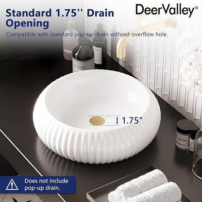 DeerValley 15.7 Inch White Round Ceramic Vessel Sink, Above Counter Porcelain Bathroom Vanity Bowl Art Basin (Without Sink Drain), DV-1V0223