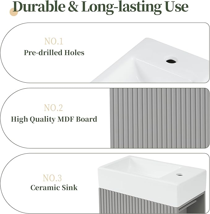Harper & Bright Designs 18.6" Bathroom Vanity with Sink, Free Standing Single Basin Vanity Set with Storage Cabinet & Two-Tier Shelf, Wooden Cabinet with Ceramic Basin for Bathroom, Grey