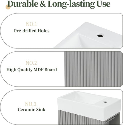 Harper & Bright Designs 18.6" Bathroom Vanity with Sink, Free Standing Single Basin Vanity Set with Storage Cabinet & Two-Tier Shelf, Wooden Cabinet with Ceramic Basin for Bathroom, Grey