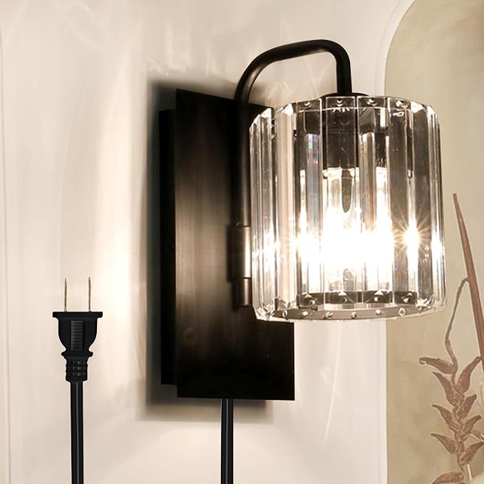 Plug in Crystal Wall Sconces, Black Plug in Sconce with Dimmer Cord | 10 inch Glass Wall Light Fixtures with Cord for Living Room Bedroom Hallway Staircase Bedside Square E26