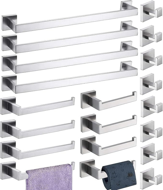 Bathroom Hardware Set 20 Piece Brush Nickel Bathroom Accessories Set SUS304 Towel Bar Set Includes 4 Towel Bar 24 Inch+4 Towel Holder+4 Toilet Paper Holder+8 Towel Hooks (20, Brushed Nickel, 24 Inch)