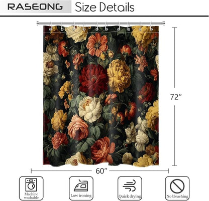 Vintage Dark Floral Shower Curtain for Bathroom, Moody Black Boho Botanical Flower Design Retro Farmhouse Fabric Bath Curtain with 10 Hooks, 60W x 72L Inches