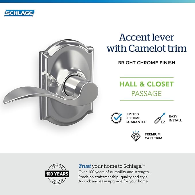 SCHLAGE Trim with SCHLAGE Hall and Closet Lever, Bright Chrome (F10 ACC 625 CAM)