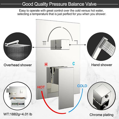 Chrome Shower System Rain Faucet Set with Tub Spout, 10 inch | All-Metal Wall Mounted Bathroom Shower Faucet Set with Safe Pressure Balance Valve, Water Saving High Pressure Rainfall Head
