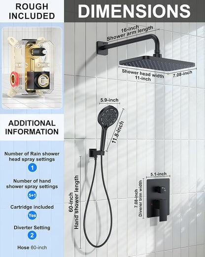 Matte Black 11-Inch Rainfall Shower System – Premium Filtered Handheld Sprayer & Fixed Shower Head, Complete Bathroom Set Faucet Mixer Trim & Valve