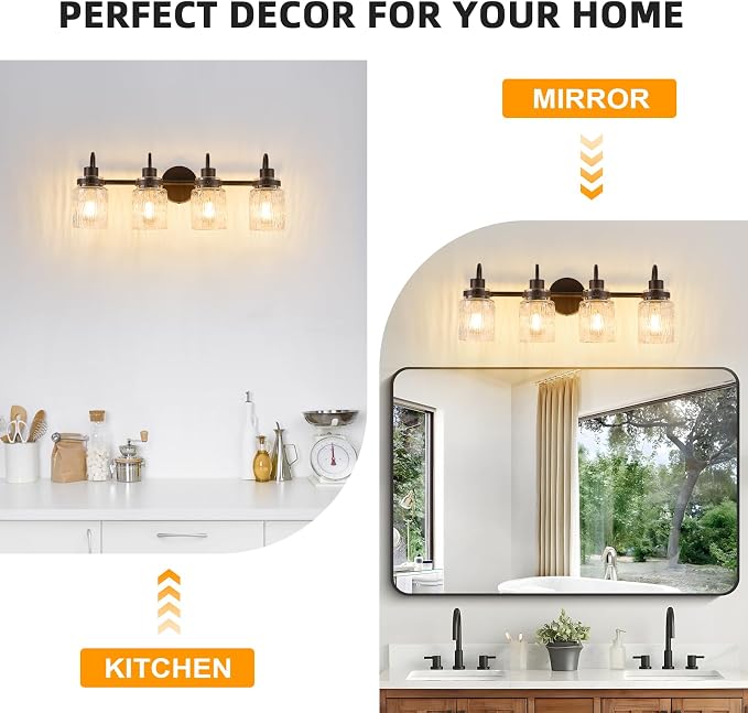 4 Lights Bathroom Vanity Light, Oil Rubbed Bronze Bathroom Light Fixtures with Hammered Glass Lampshade for Dressing Table,Over Mirror,Hallway