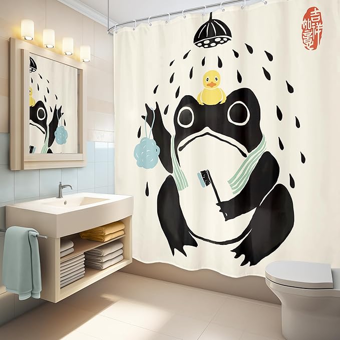 LGhtyro Funny Frog Shower Curtain Bathroom Set 71Wx71H Inches Asian Traditional Japanese Art Cute Animal Bath Style Rubber Duck Bath Accessories Retro Black Beige Art Home Decor Fabric 12 Pack Hooks