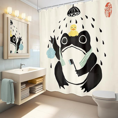 LGhtyro Funny Frog Shower Curtain Bathroom Set 71Wx78H Inches Asian Style Traditional Japanese Art Rubber Duck Cute Animal Retro Bath Accessories Retro Black Beige Art Home Decor Fabric 12 Pack Hooks