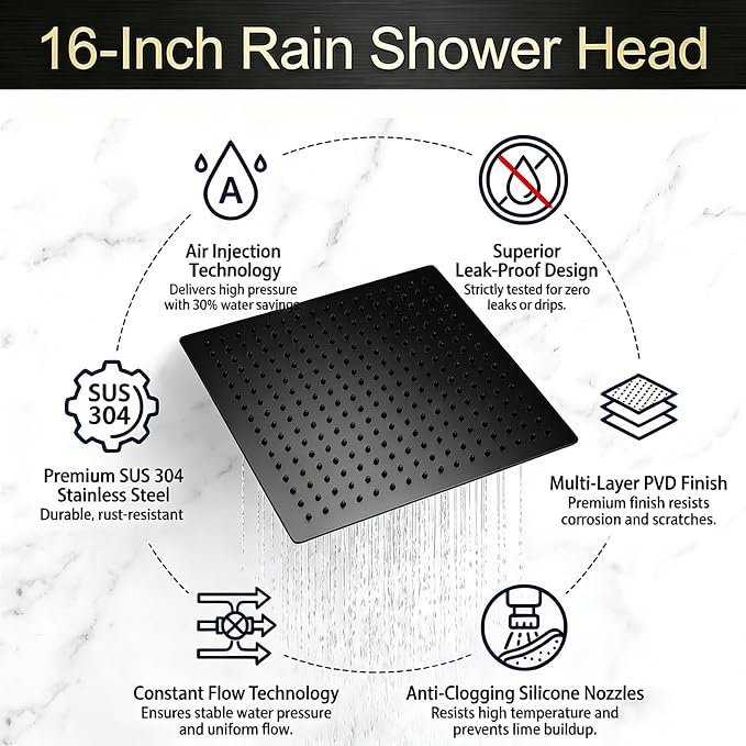 16 Inch Rain Shower Head,Rainfall Showerhead for Bathroom | All Metal 304 Stainless Steel with 324 Silicone Nozzel, Full Body Coverage,Ceiling Mount,Matte Black