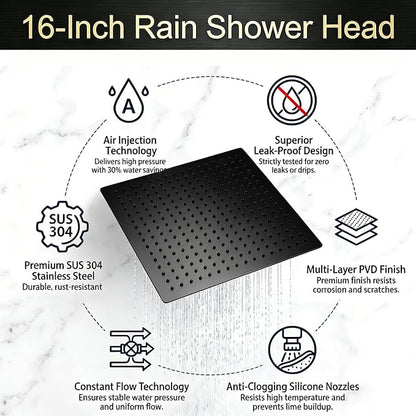 16 Inch Rain Shower Head,Rainfall Showerhead for Bathroom | All Metal 304 Stainless Steel with 324 Silicone Nozzel, Full Body Coverage,Ceiling Mount,Matte Black
