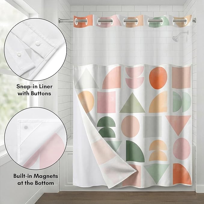 Americanflat 72x75 Hookless Shower Curtain - Water-Resistant Geometric Pastel Shower Curtain with Sheer Panel, Snap-in Liner, and Grommets - 100% Polyester - Peach, Green, Pink, Yellow & White