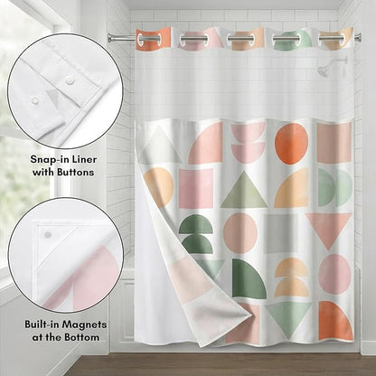 Americanflat 72x75 Hookless Shower Curtain - Water-Resistant Geometric Pastel Shower Curtain with Sheer Panel, Snap-in Liner, and Grommets - 100% Polyester - Peach, Green, Pink, Yellow & White