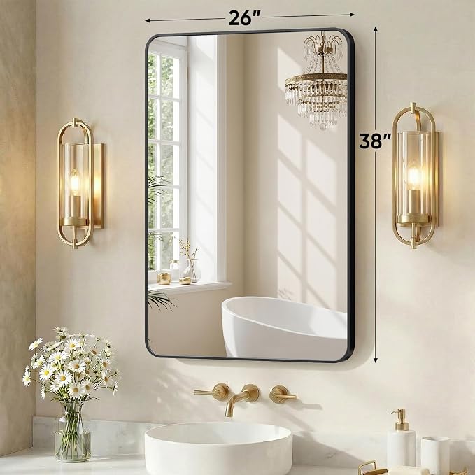 Sweetcrispy Bathroom Mirror, Vanity Mirrors for Wall, 26x38 Inch | Matte Metal Frame, Rounded Rectangle, Over Sink Home Decor, Living Room Bedroom, Black