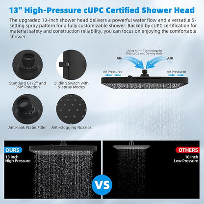 Hibbent 13'' 5-spray Rain Shower Head, 10-Spray Handheld, Oil Rubbed Bronze | cUPC Certified High Pressure Dual Showerhead Combo, Upgraded Rainfall Shower Head, 12'' Extension Arm, 71'' Hose & Holder