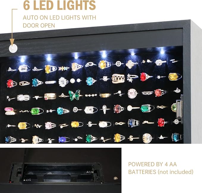 Jewelry Armoire Cabinet Organizer Standing with 20 LED Lights Lockable | Full Length Mirror with Storage Shelves and 2 Drawers (Black) Adjustable Tilt Angles Gift for Her