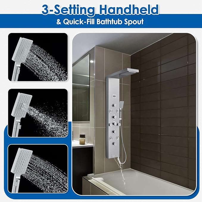 ROVOGO Shower Panel with 4 Body Jets and 4 Mist Spray, Rainfall Waterfall Shower Column Tower with Handheld, Tub Spout and Water Temperature Display, 304 Stainless Steel Brushed