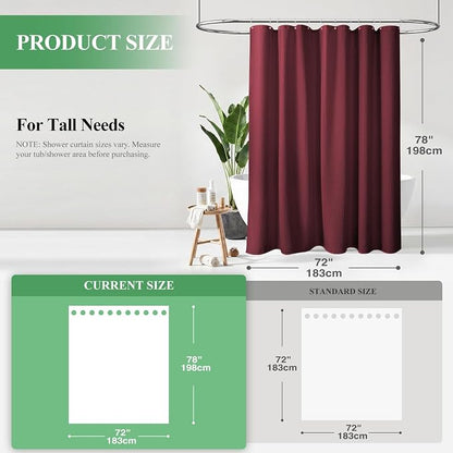 Long Waffle Shower Curtain 256 GSM Heavy Fabric 72x78 Burgundy | 78 Inch Long, Thick Cloth, Weighted Hem, Water Repellent, Tall Hotel Luxury Polyester Shower Curtains for Bathroom 12 Hooks