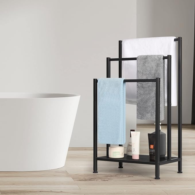 Freestanding Towel Rack, 3 Tier Metal Towel Rack, Black | Towel Racks for Bathroom, Blanket Rack Stand for Bedroom, Bath Towel Holder Stand, Floor Towel Holder with Wooden Storage